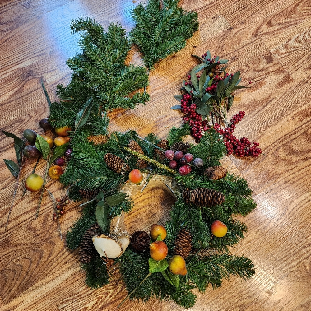Vintage Wreath Form with Various Fall and Holiday Craft Supplies